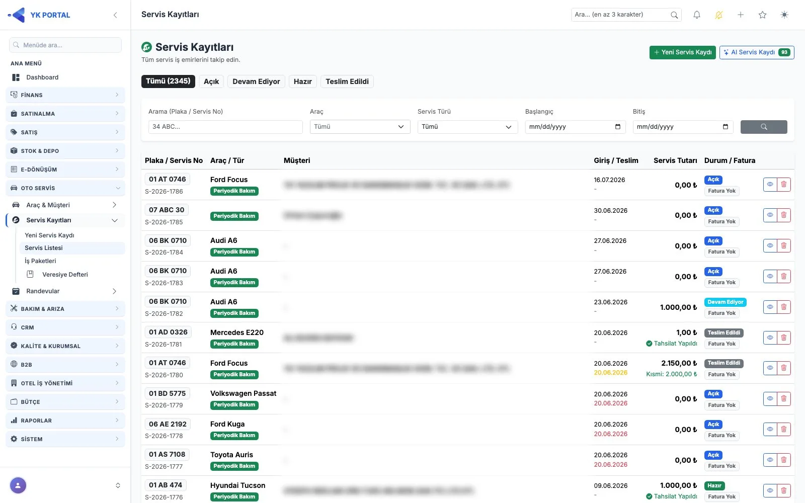 Oto Servis Programı — Ana Ekranlar ekranı